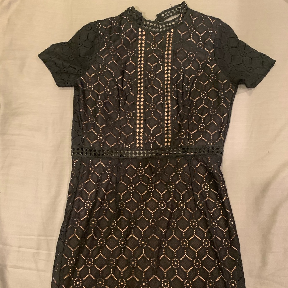 Nude with black lace dress